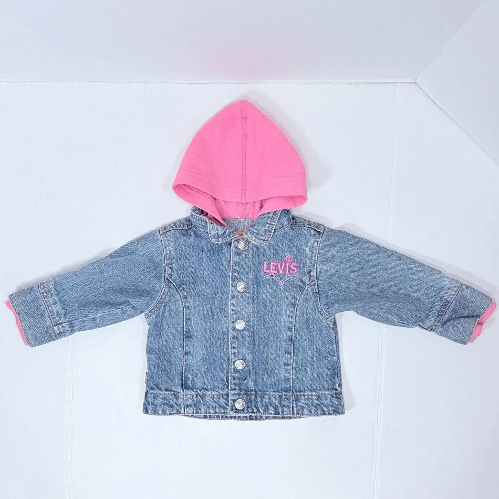 Vintage Levis Y2K Baby Girls Embroidered Pink Hoodie + Denim Jean Jacket 18m